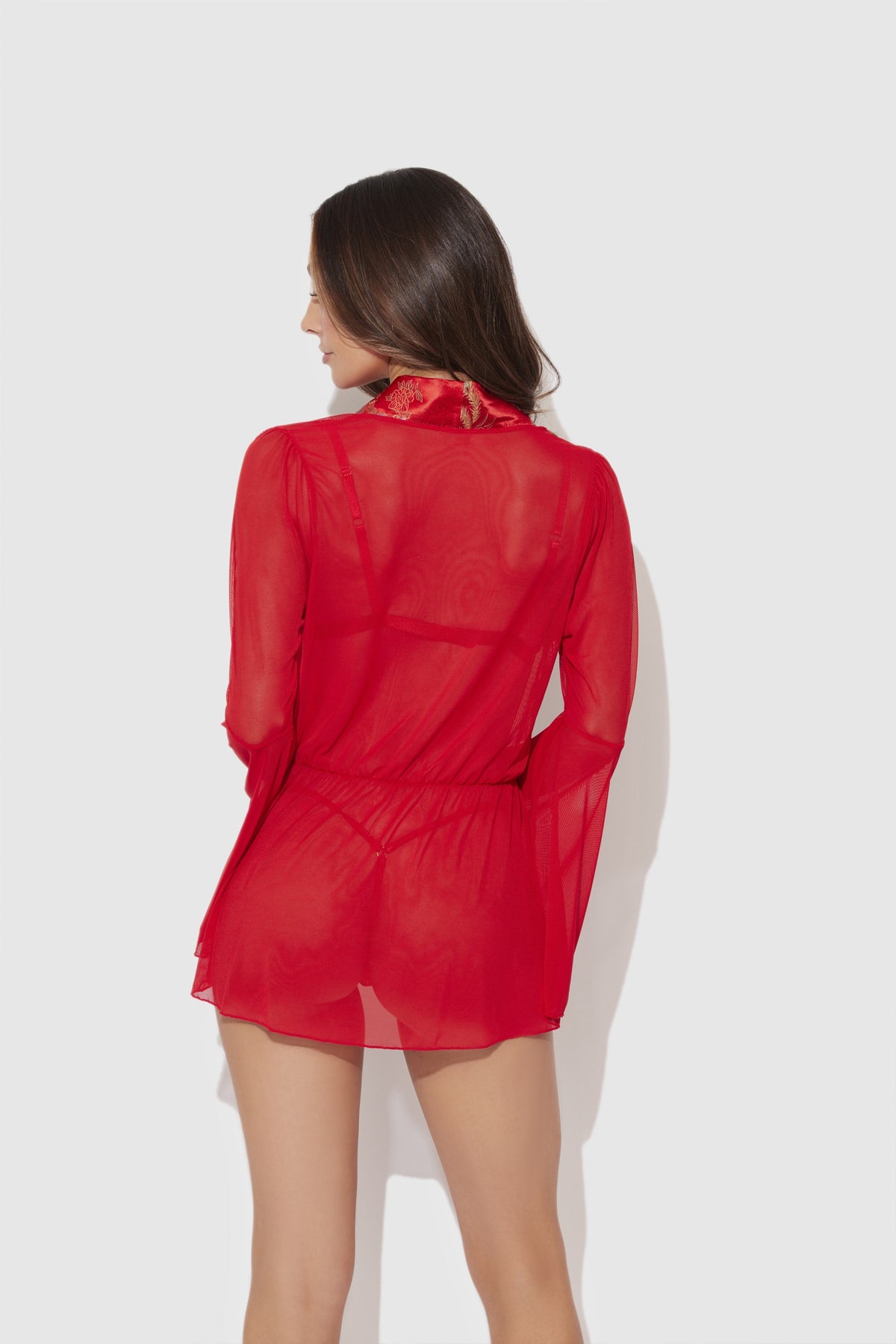 House of Desire Dragon Sheer Robe with Satin Bra & G-String Set - Red - product view 5