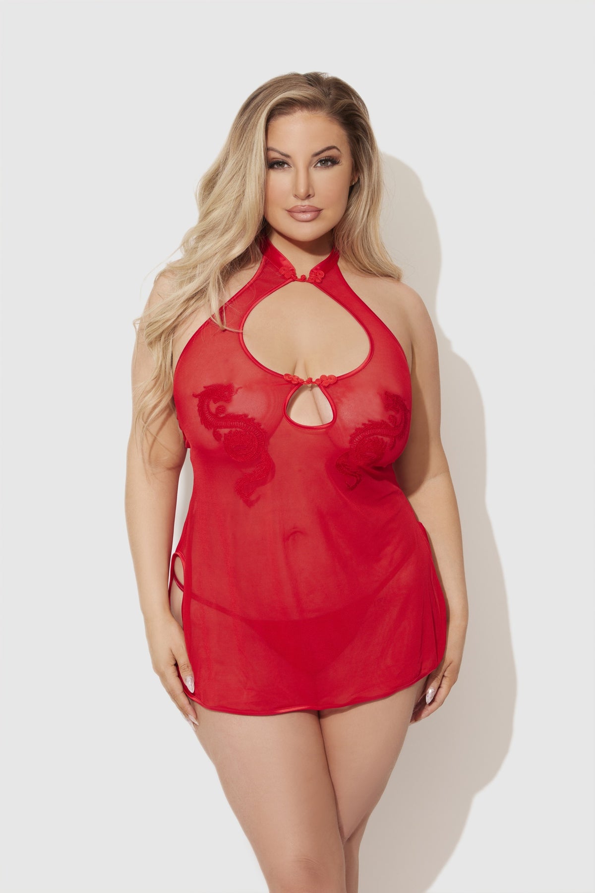 House of Desire Dragon Mesh & Applique Chemise & G-String Set - Red - product view 4