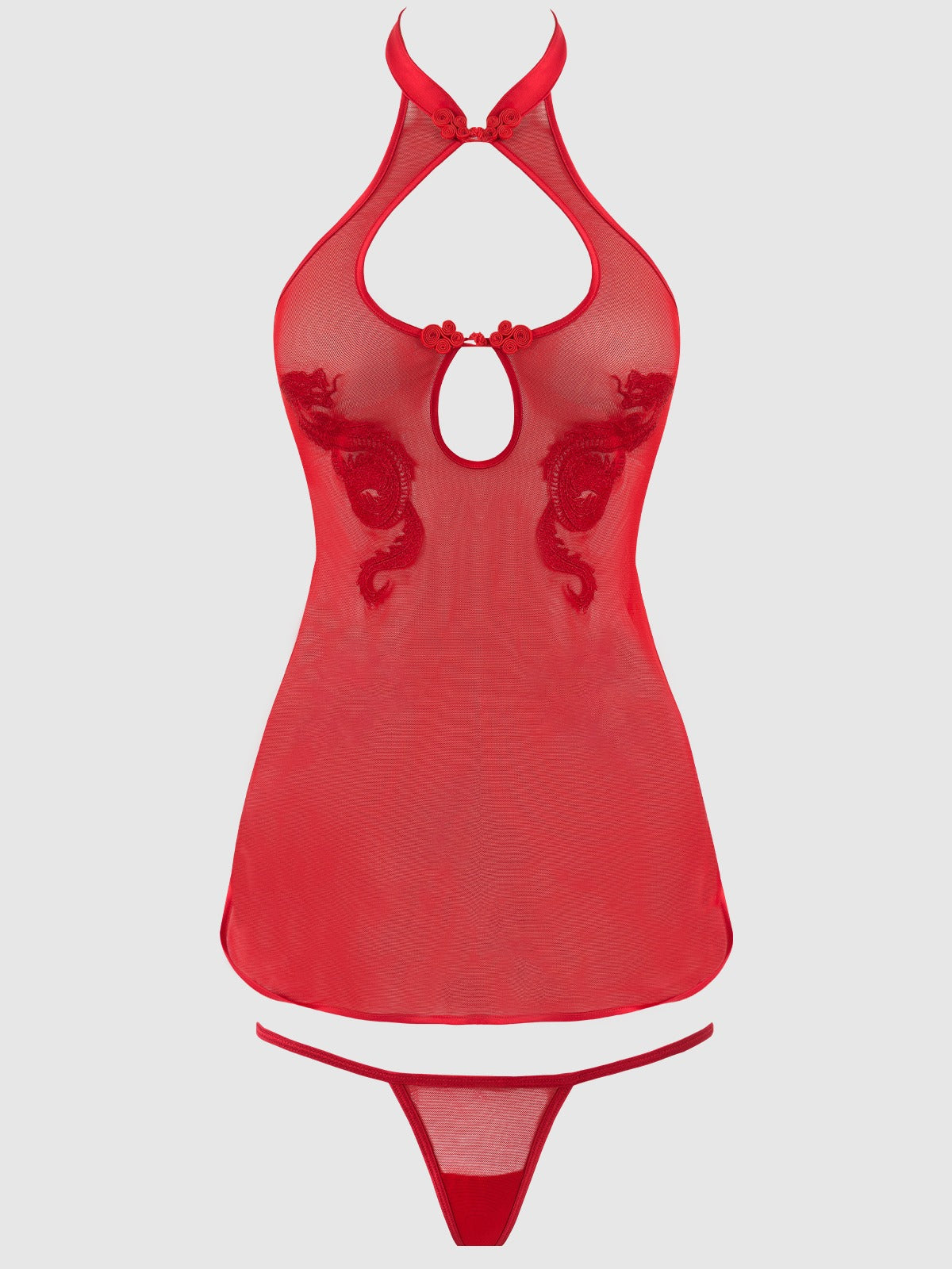 House of Desire Dragon Mesh & Applique Chemise & G-String Set - Red - product view 6