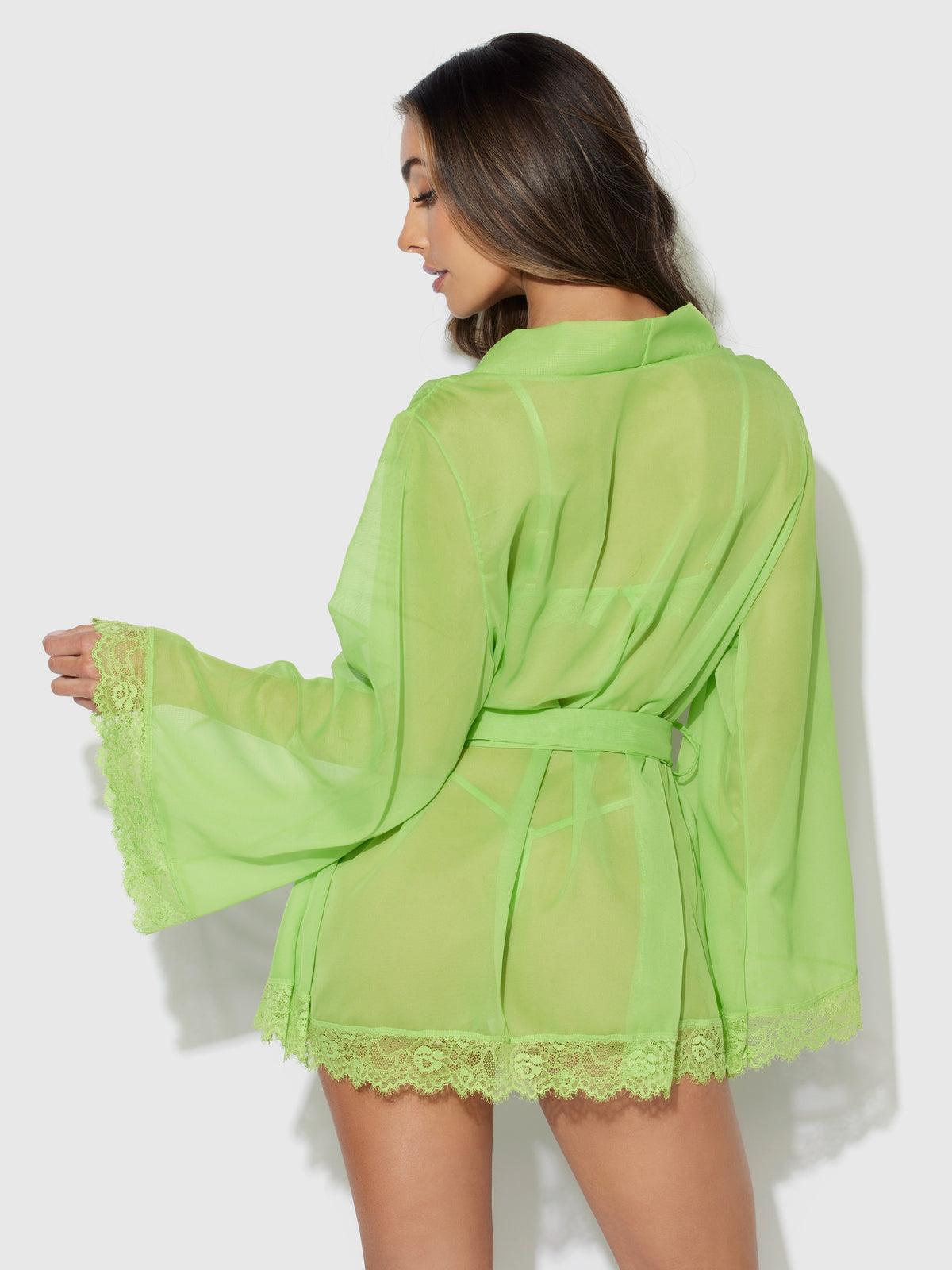 House of Desire Shavon Lace & Chiffon Robe, Bralette & G-String Set - Green - product view 2