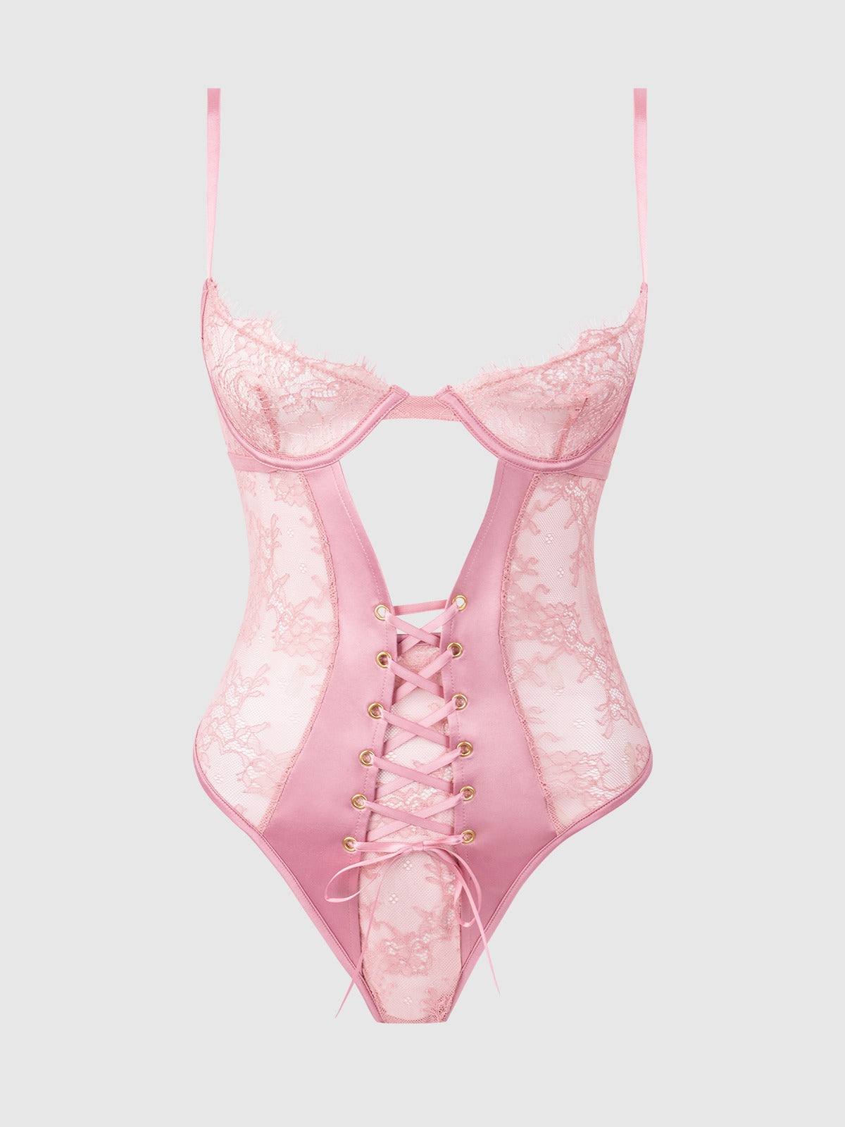 House of Desire Blair Satin & Lace Corseted Underwire Teddy - Pink - product view 5