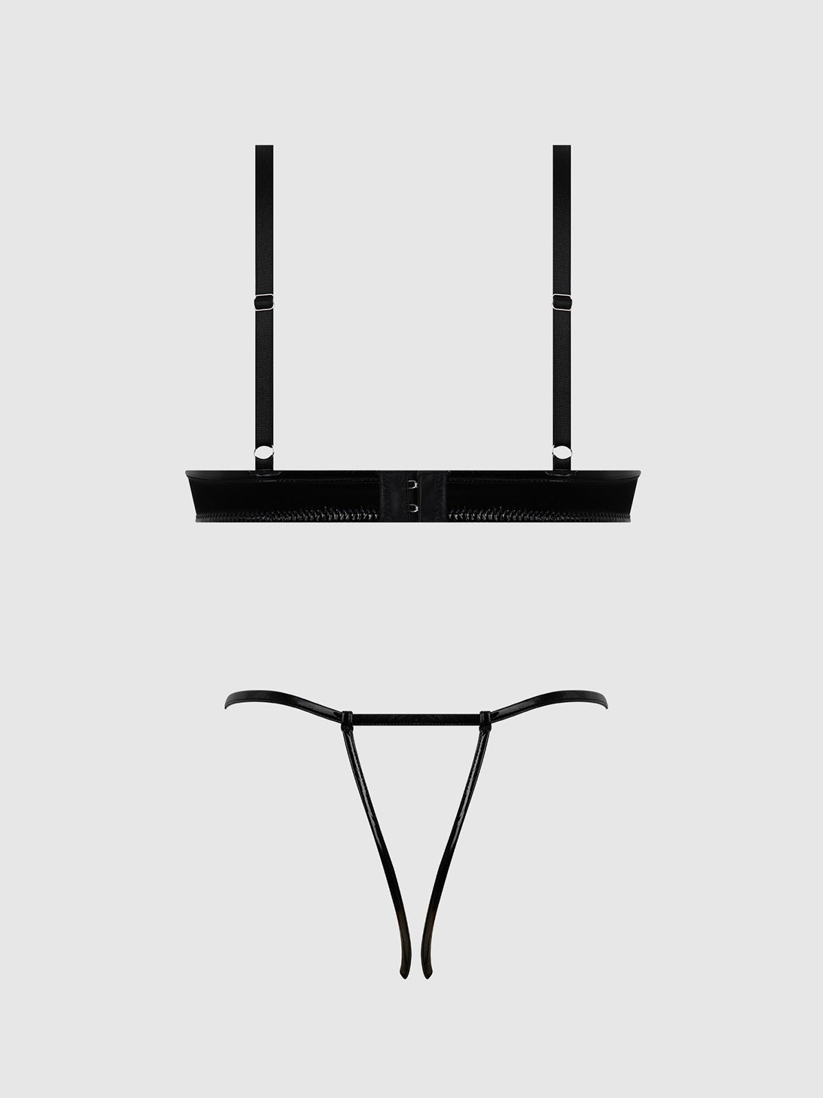 House of Desire Trinity Patent Bra & Lace Up Crotchless Panty Set - Black - product view 9