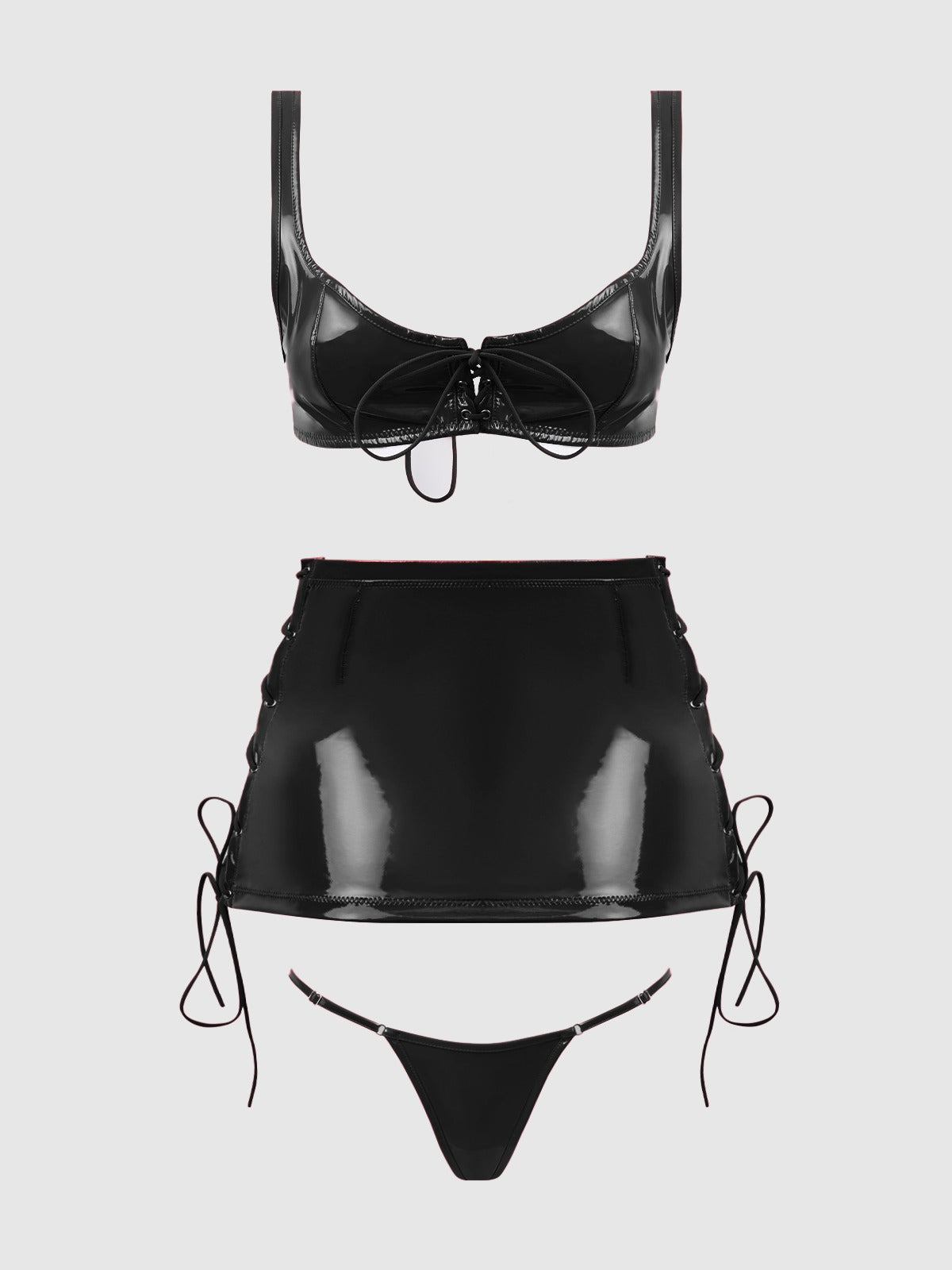 House of Desire Trinity Patent Lace Up Bralette, Skirt & G-String Set - Black - product view 8