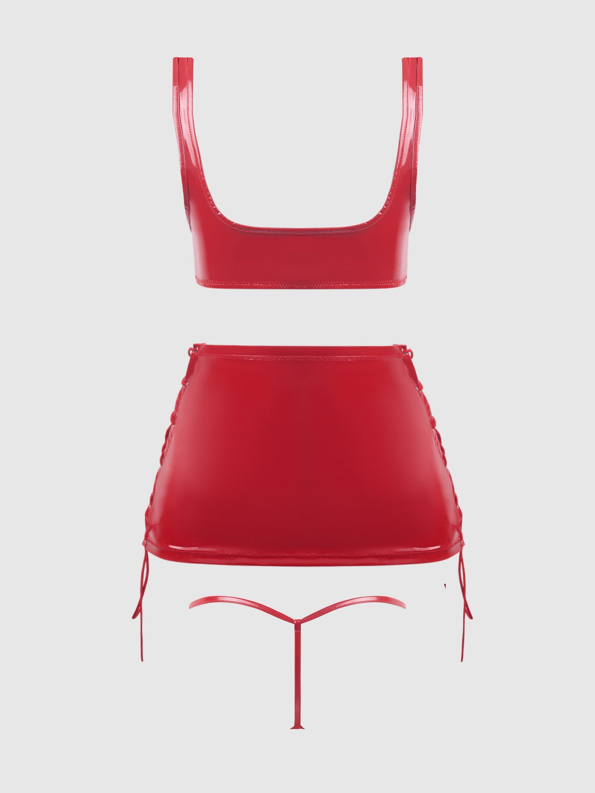 House of Desire Trinity Patent Lace Up Bralette, Skirt & G-String Set - Red - product view 10