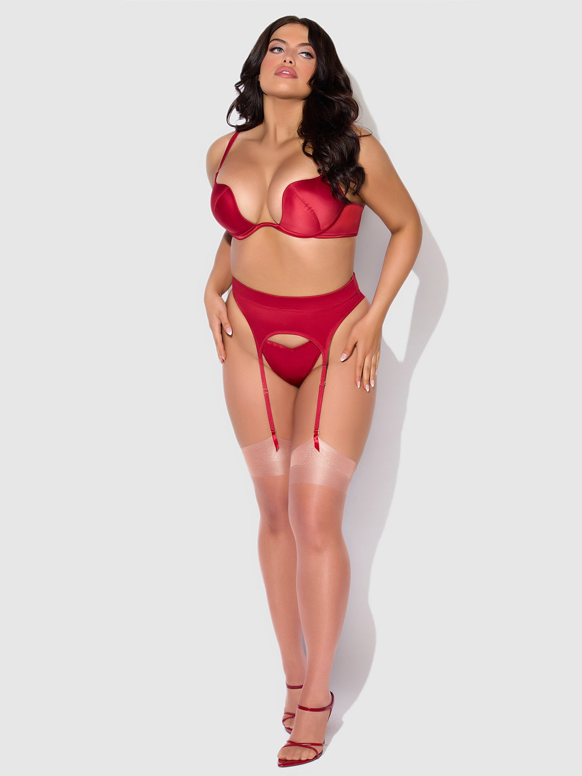 House of Desire Brigeta Satin Deep Plunge Push Up Bra, Garter & Thong Set - Red - product view 4
