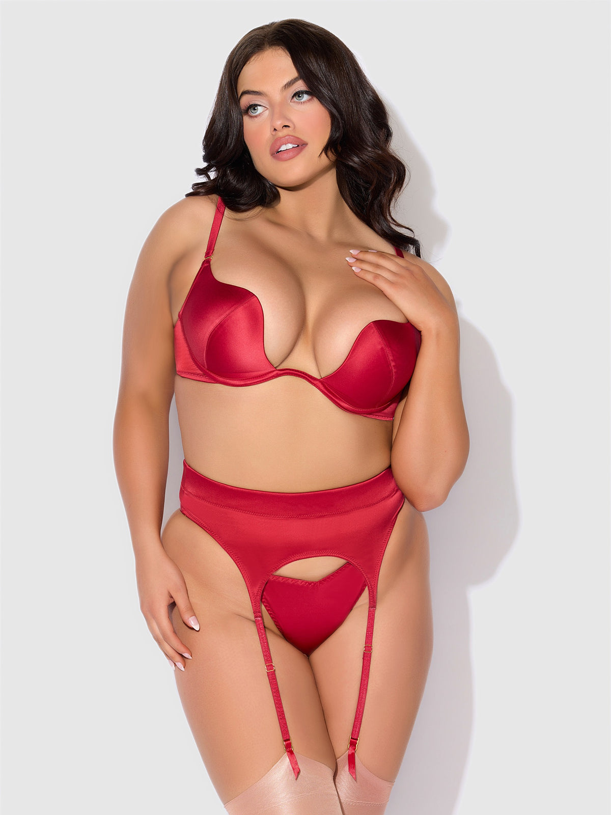House of Desire Brigeta Satin Deep Plunge Push Up Bra, Garter & Thong Set - Red - product view 5