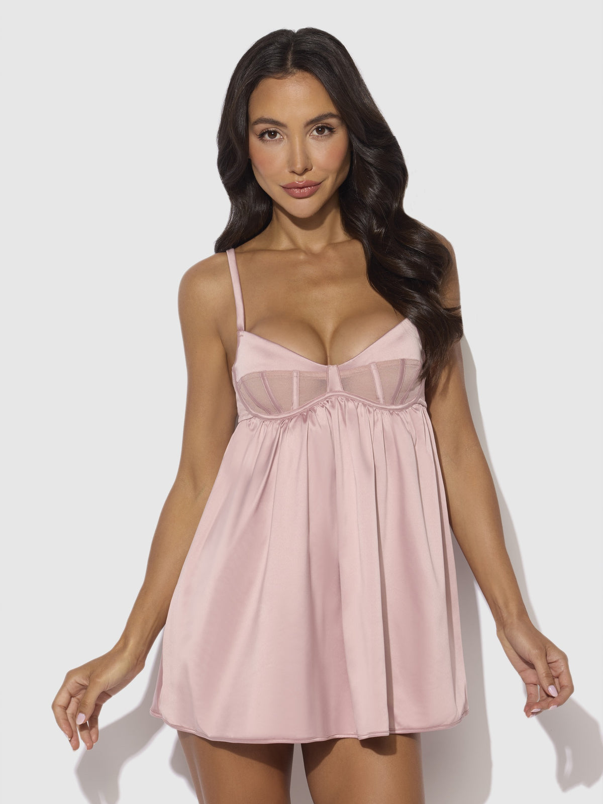 House of Desire Brigeta Satin & Mesh Corseted Babydoll & G-String Set - Purple - product view 2