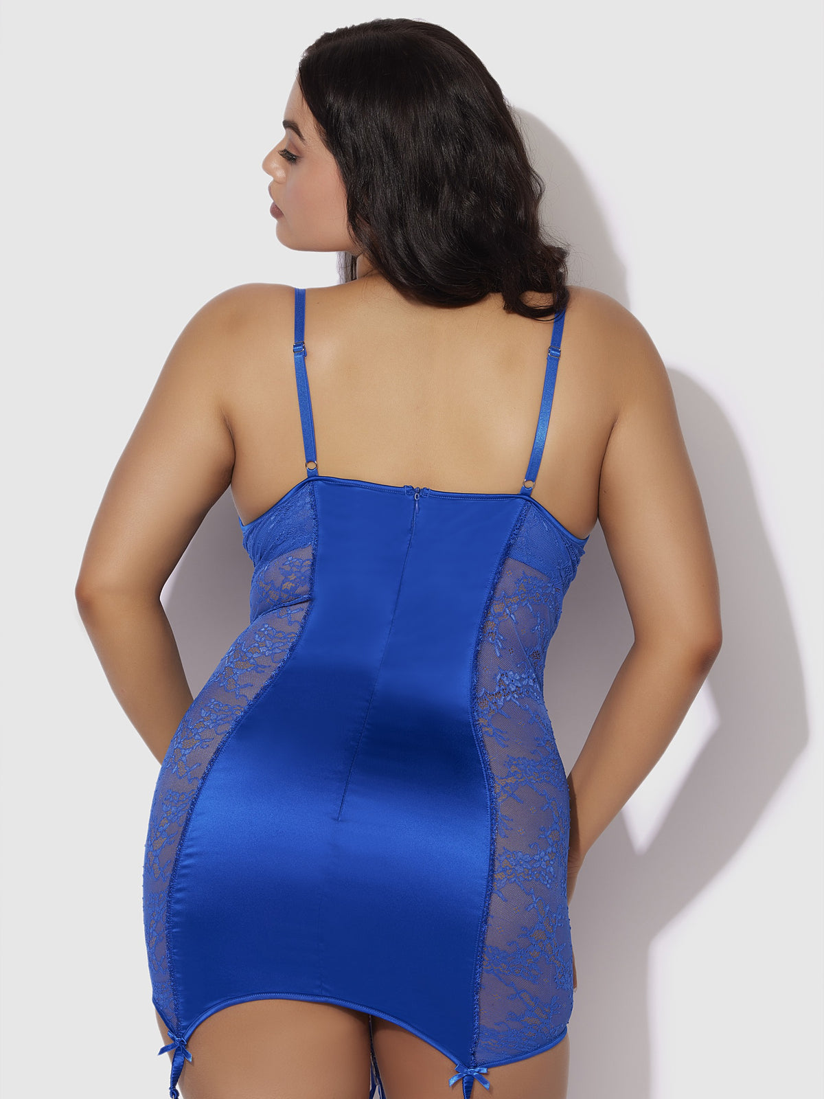 House of Desire Madeline Satin & Lace Chemise & G-String Set - Blue - product view 5