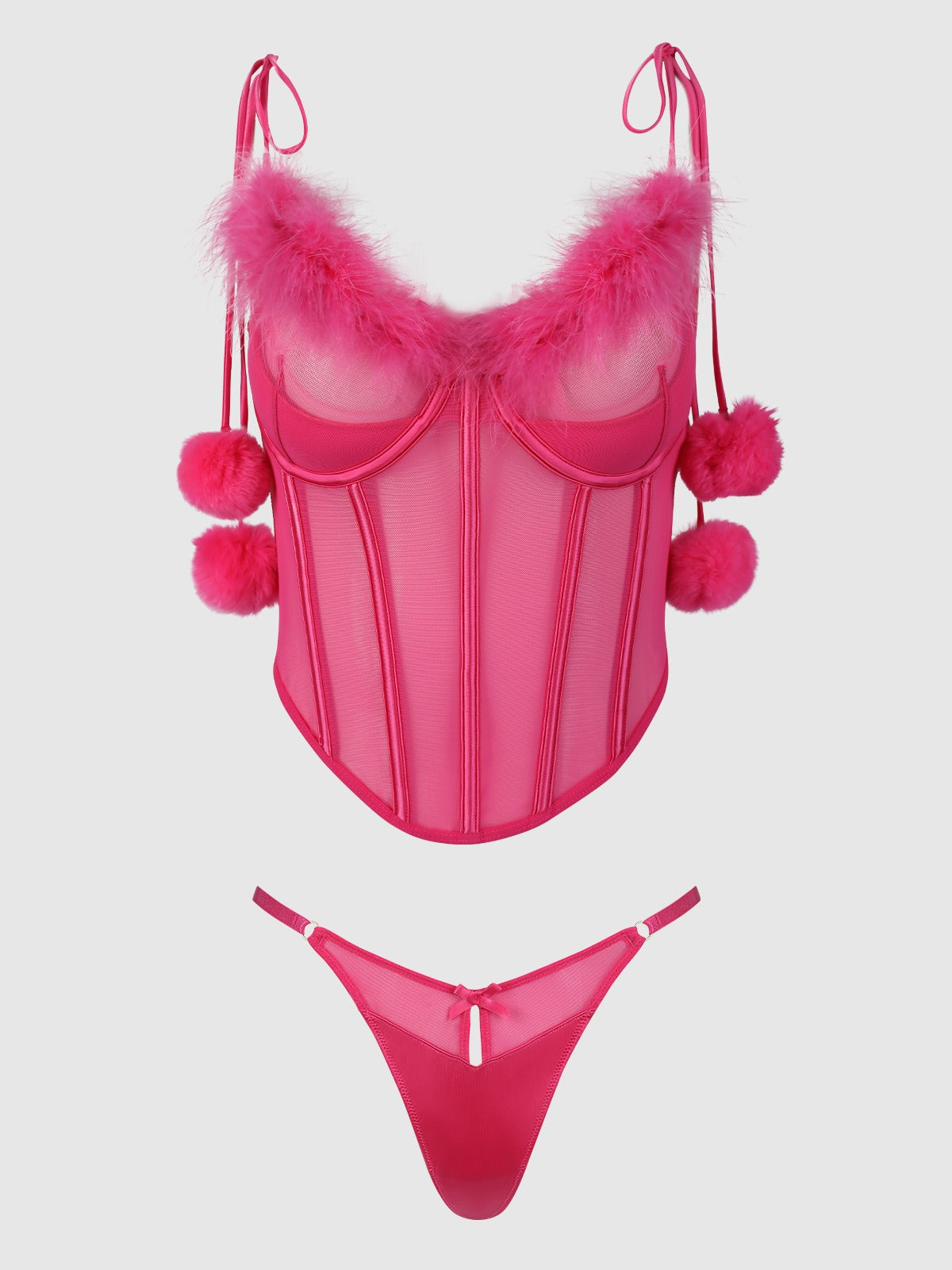 House of Desire Marilyn Marabou & Mesh Tie Shoulder Bustier & G-String Set - Pink - product view 3
