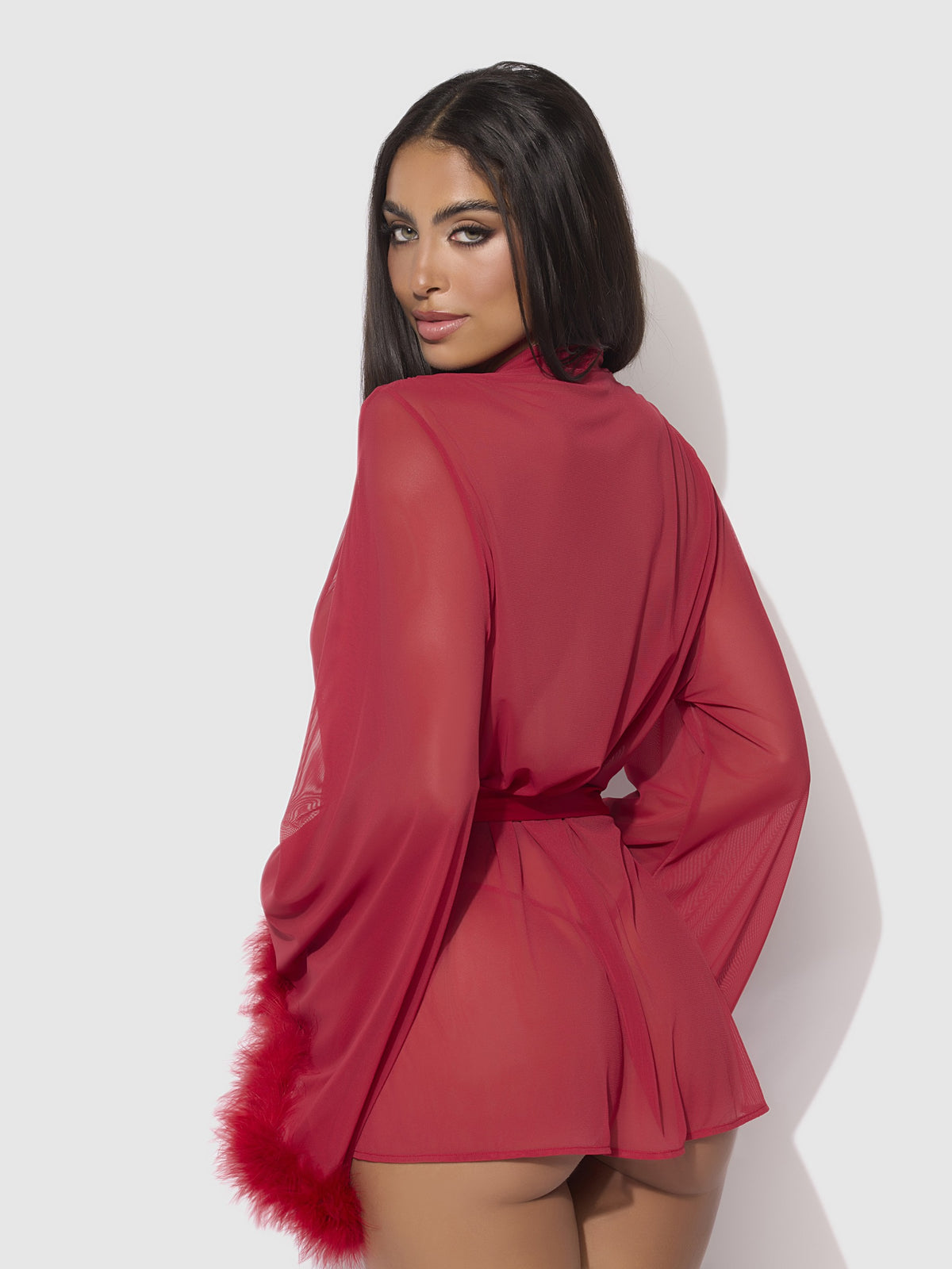 House of Desire Marilyn Marabou & Mesh Short Robe - Red - model wearing the product