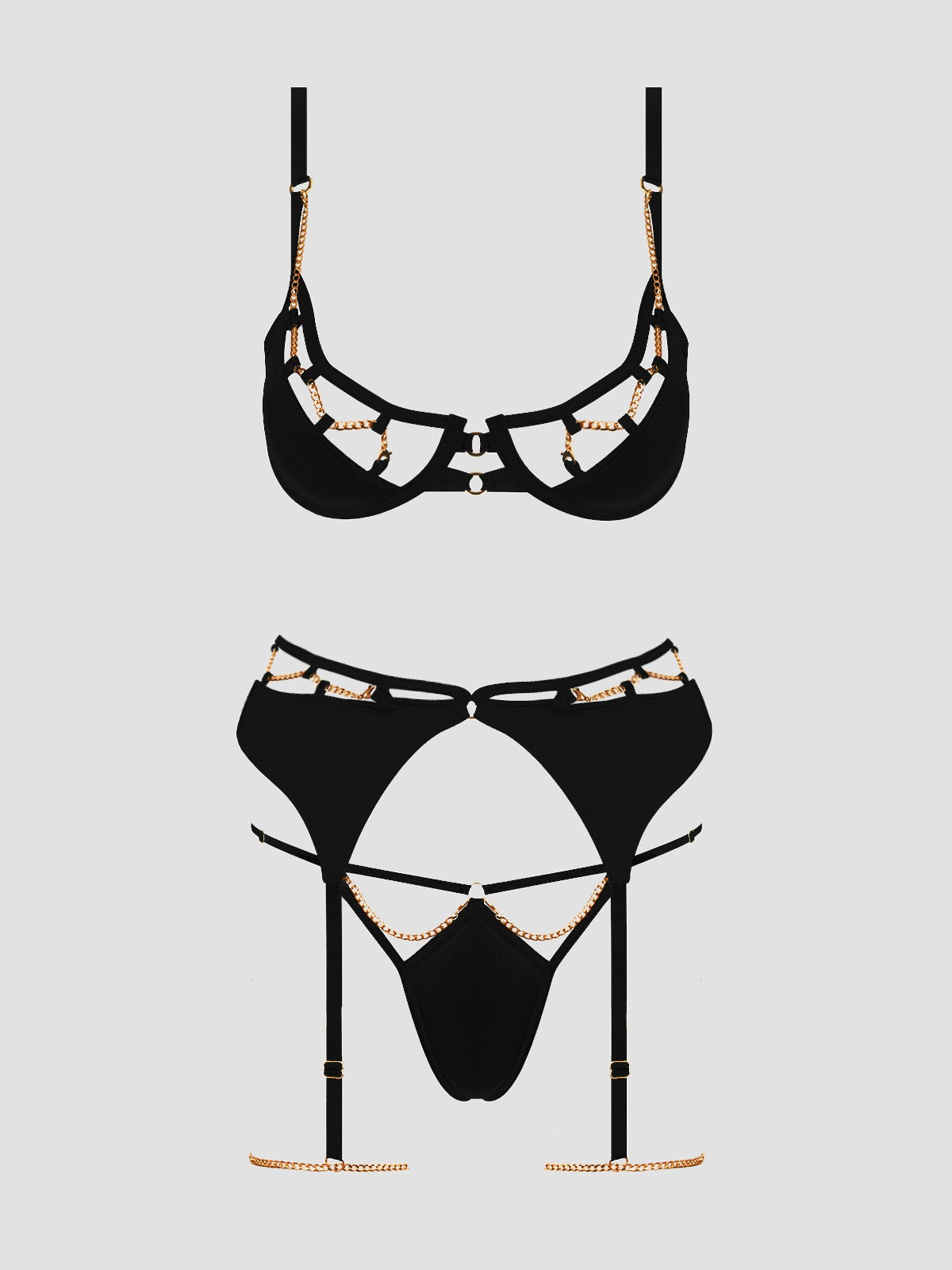 House of Desire Evangeline Satin & Chain Bra, Thigh Garter & G-String Set - Black - product view 5
