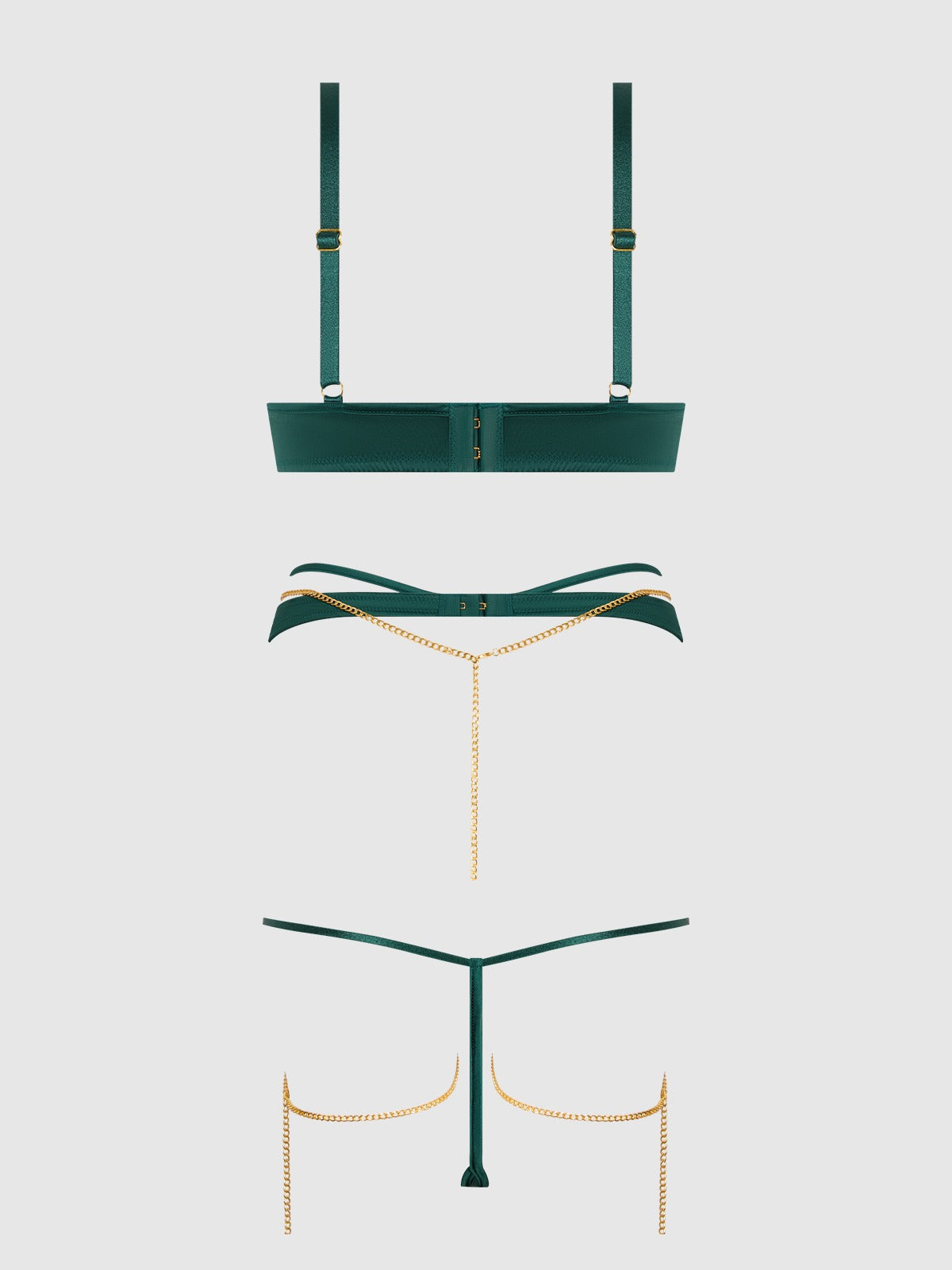 House of Desire Evangeline Satin & Chain Bra, Thigh Garter & G-String Set - Green - product view 5