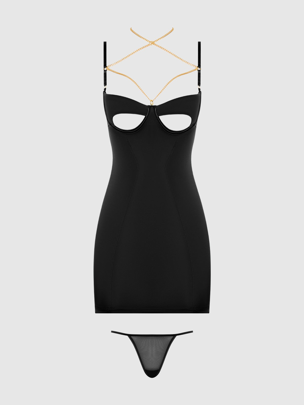 House of Desire Evangeline Satin & Chain Cutout Cup & Open Back Chemise Set - Black - product view 5