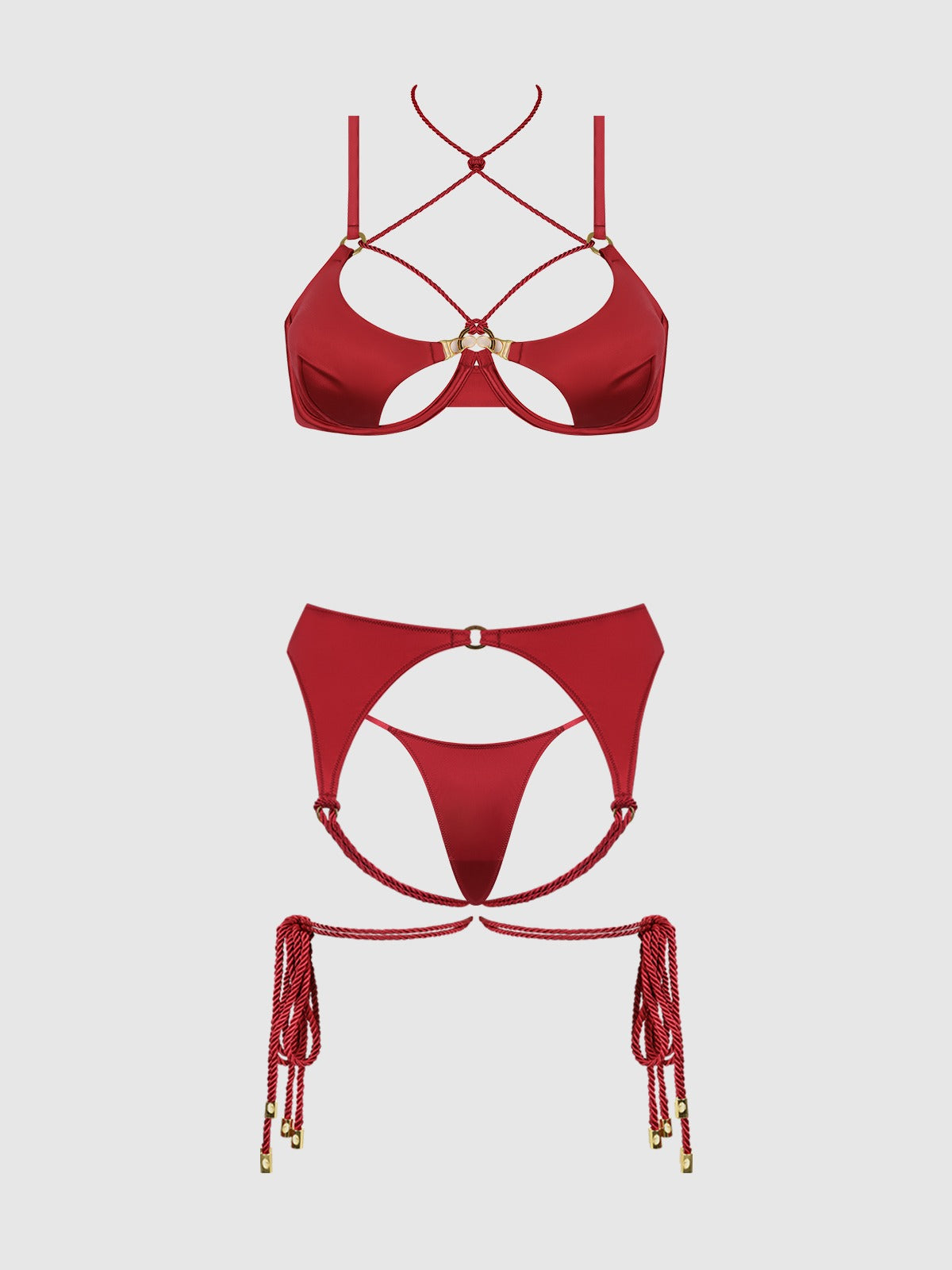 House of Desire Iryna Silky Micro & Rope Bra, Garter & Thong Set - Red - product view 5