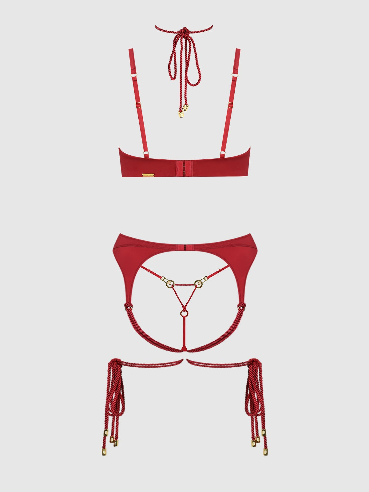 House of Desire Iryna Silky Micro & Rope Bra, Garter & Thong Set - Red - product view 6