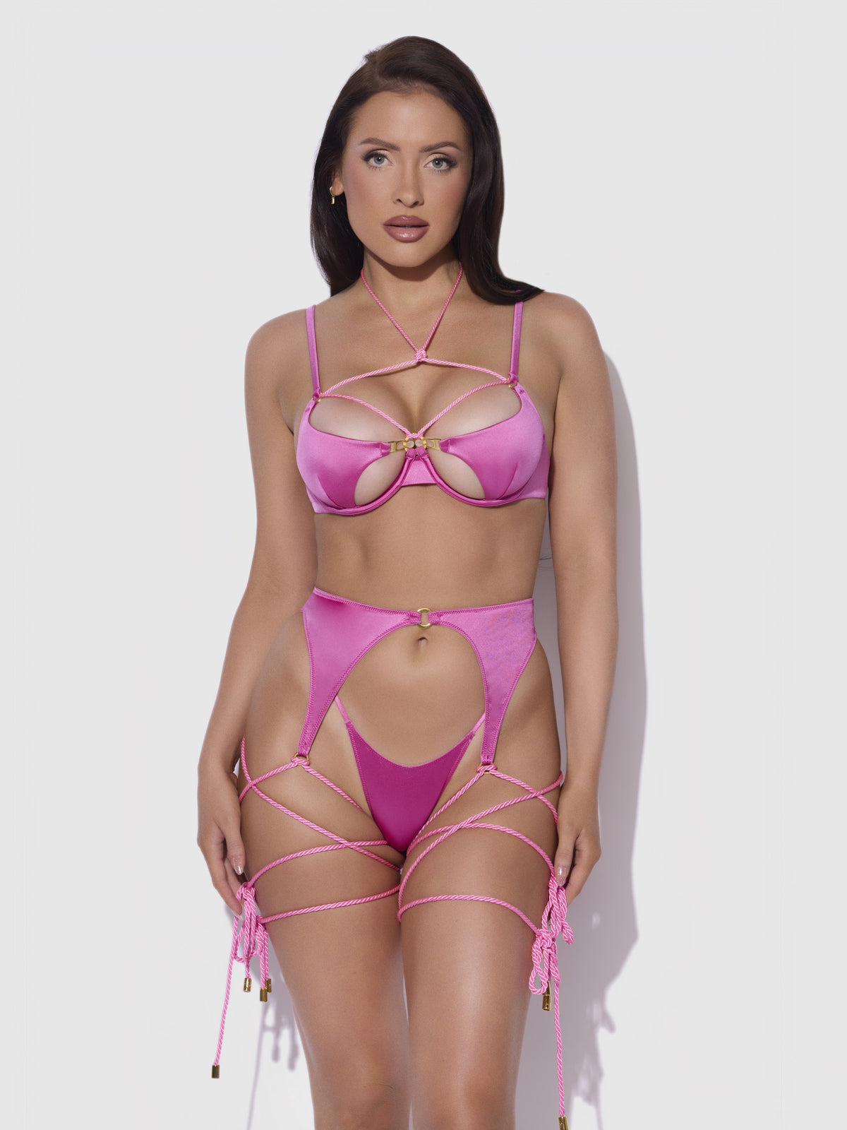 House of Desire Iryna Silky Micro & Rope Bra, Garter & Thong Set - Pink - product view 2
