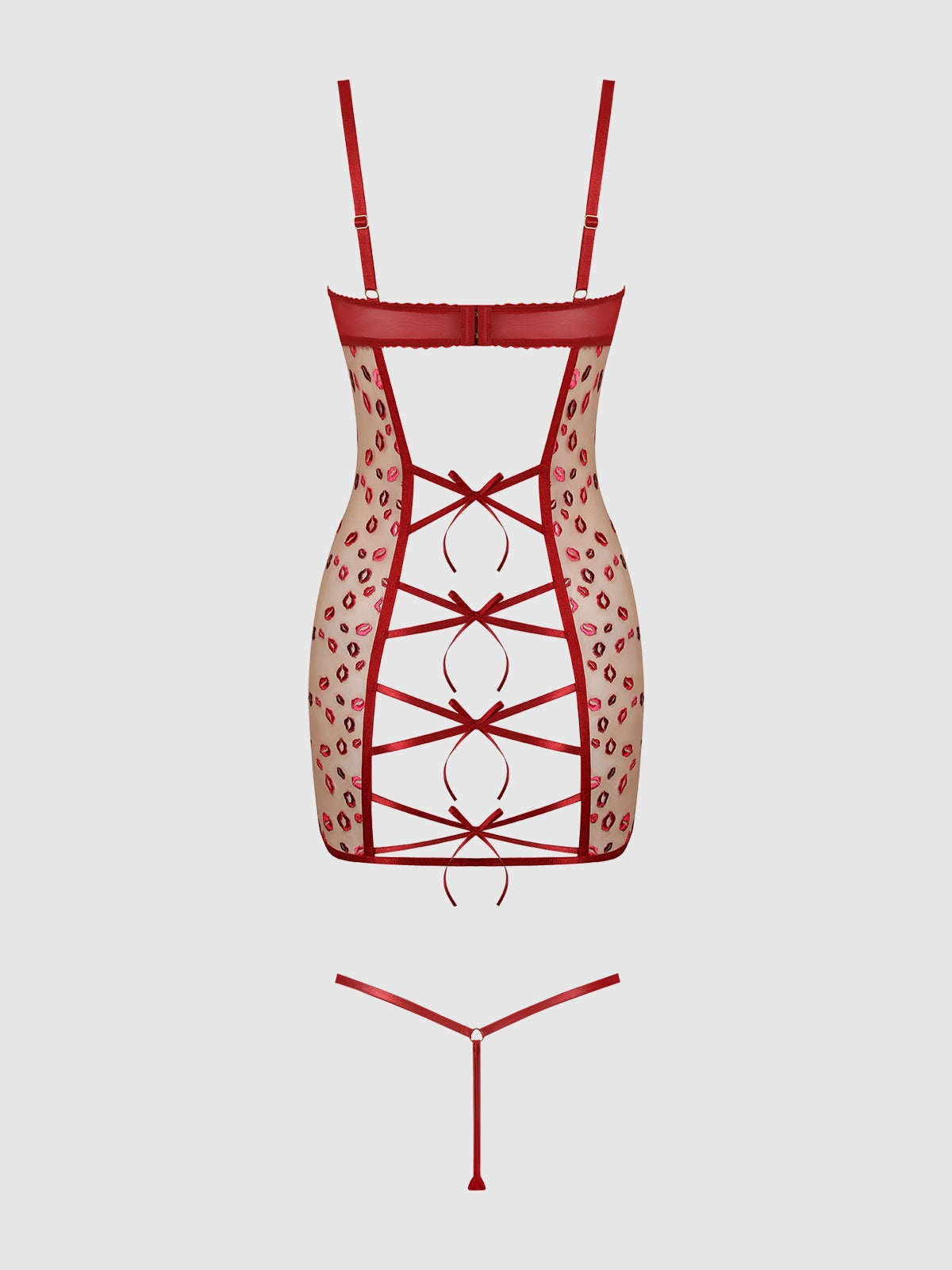 House of Desire Angelina Lips Embroidery Bow Back Chemise Set - Red - product view 6
