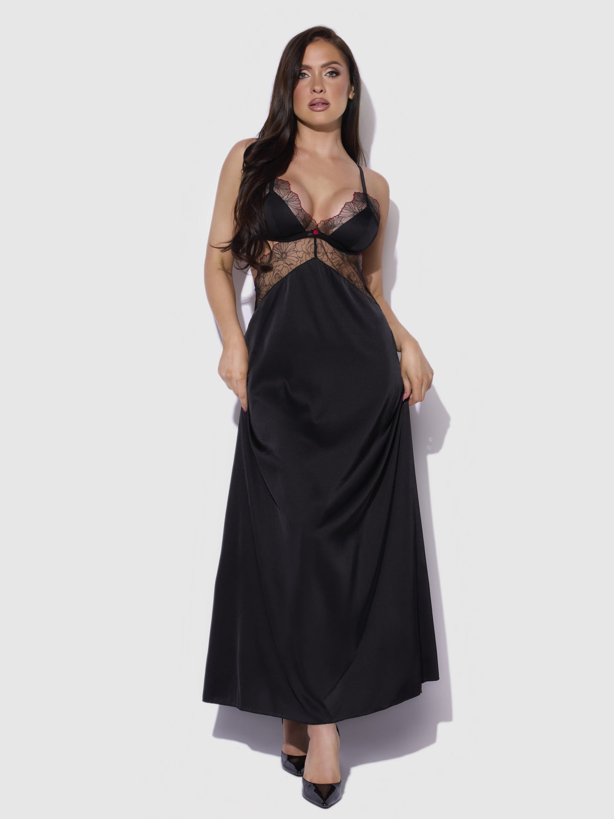 House of Desire Ilena Embroidered Tulle Triangle Top Long Gown - Black - model wearing the product