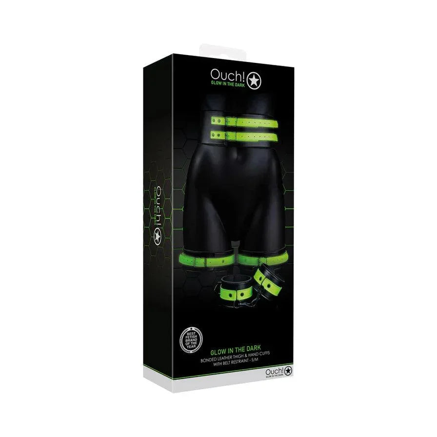 Ouch! Glow in the Dark 5-Piece Bonded Leather Thigh & Handcuffs With Belt Restraint Neon Green - Buy At Luxury Toy X - Free 3-Day Shipping
