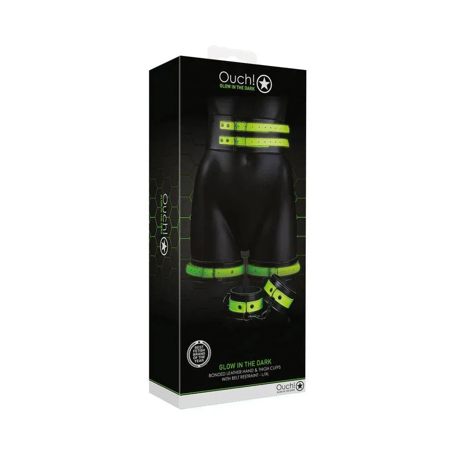 Ouch! Glow in the Dark 5-Piece Bonded Leather Thigh & Handcuffs With Belt Restraint Neon Green - Buy At Luxury Toy X - Free 3-Day Shipping