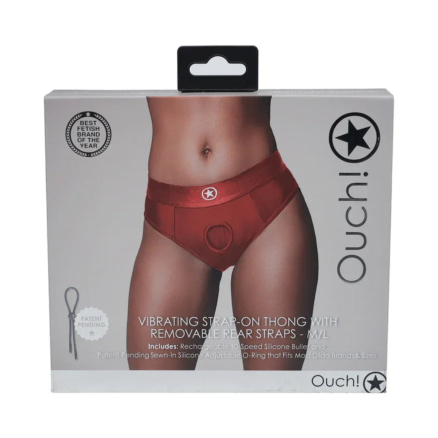 Ouch! Vibrating Strap-On Thong with Removable Butt Straps - Red Ouch! Vibrating Strap-On Thong with Removable Butt Straps - Red