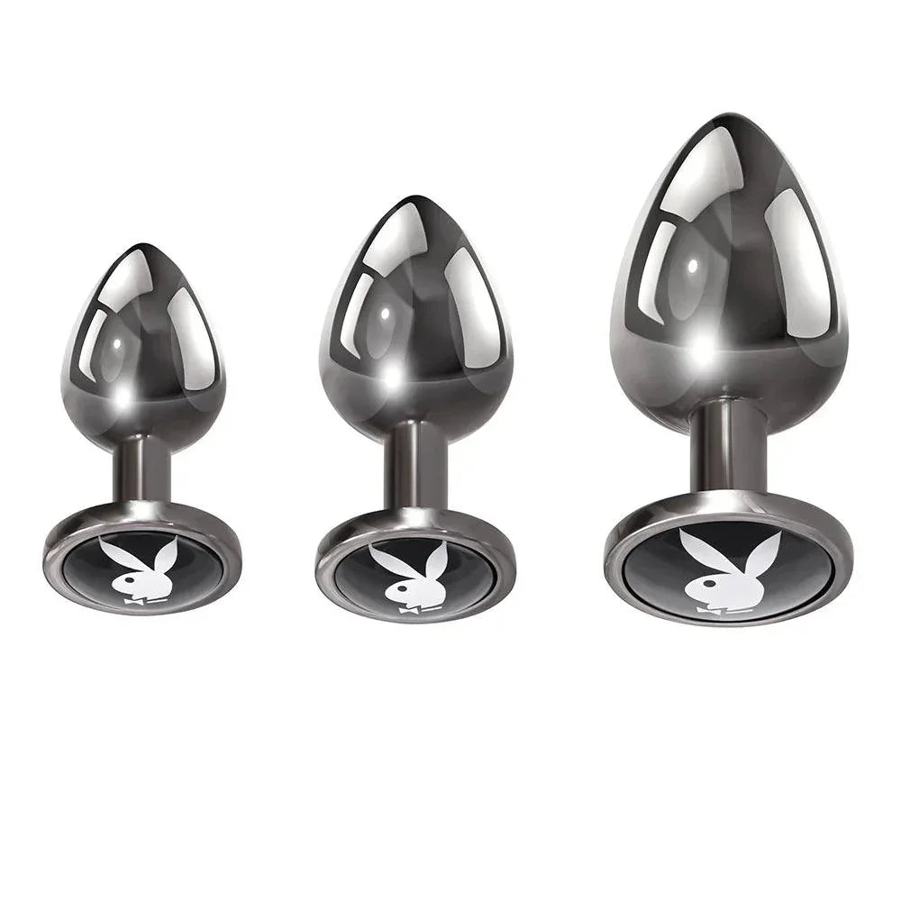 Playboy Pleasure 3 Ways 3-Piece Metal Anal Plug Set Hematite Playboy Pleasure 3 Ways 3-Piece Metal Anal Plug Set Hematite