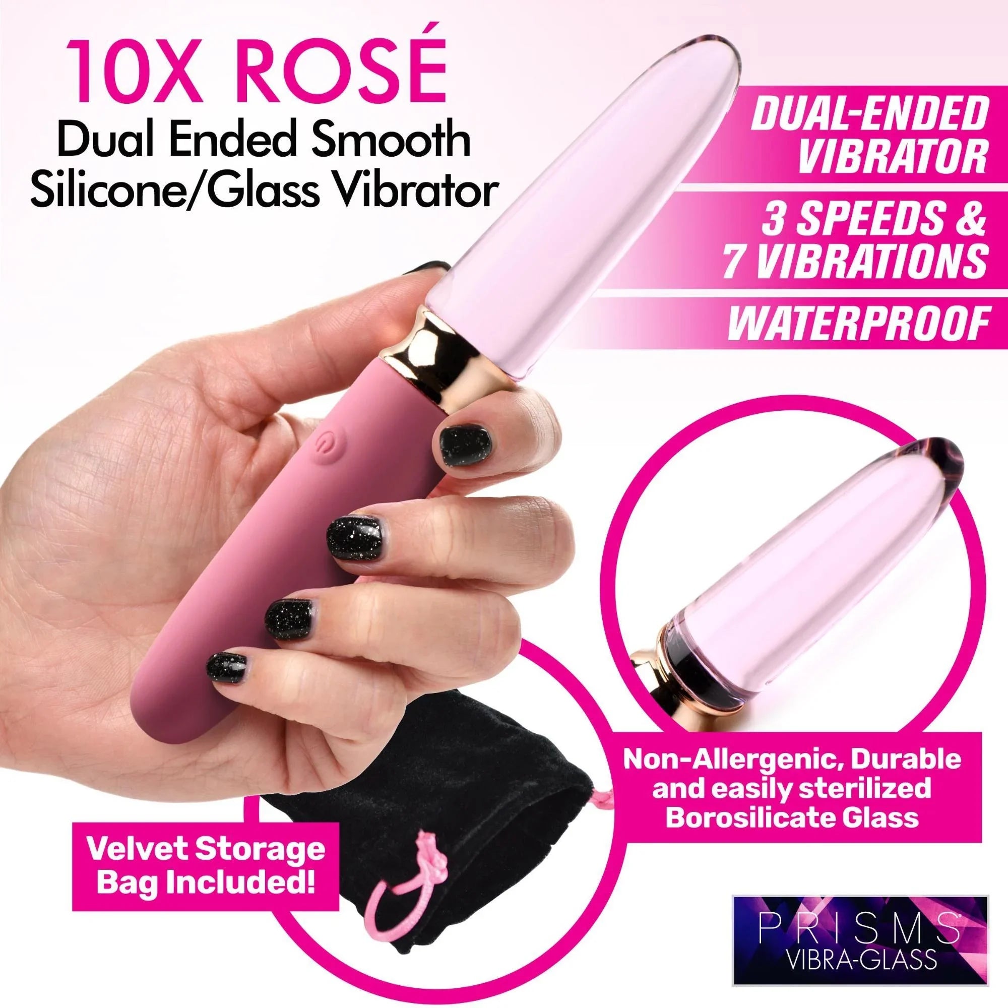 Prisms Erotic Glass Vibra-Glass 10X Rosé Dual Ended Smooth Silicone/Glass Vibrator - Buy At Luxury Toy X - Free 3-Day Shipping