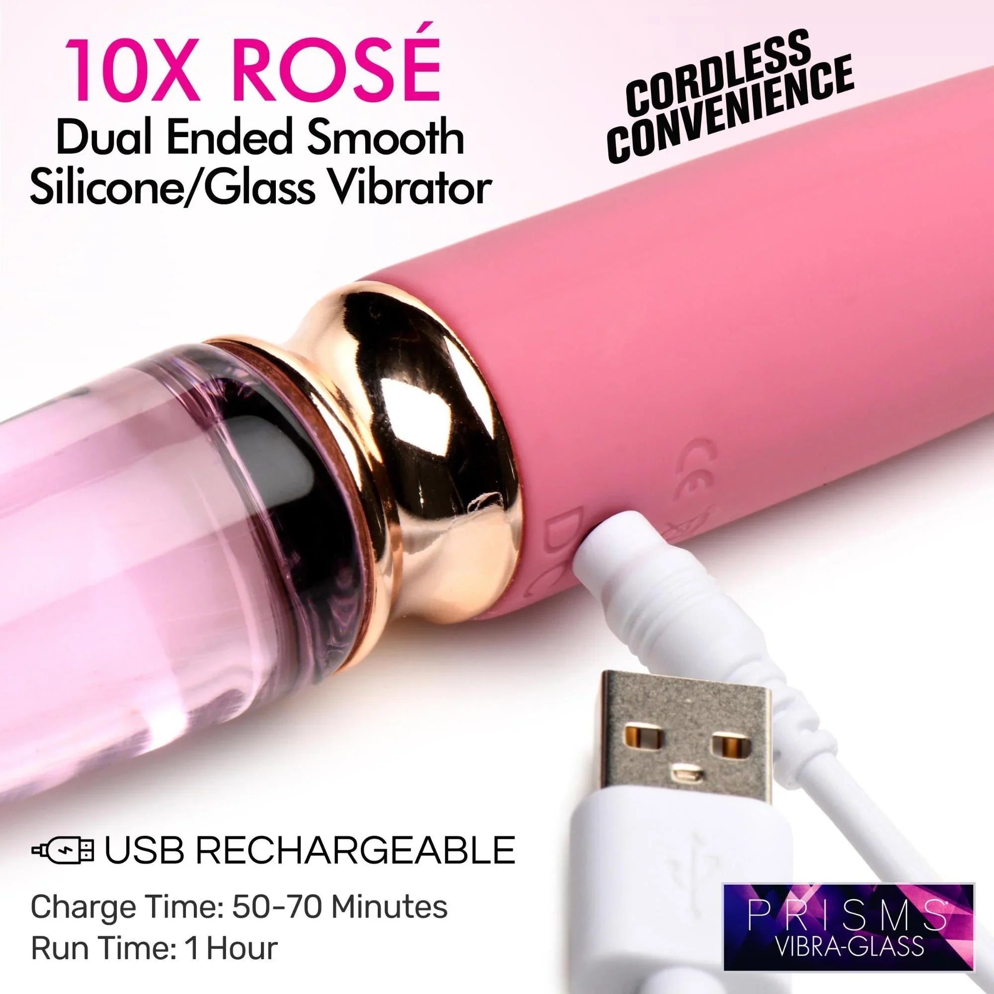 Prisms Erotic Glass Vibra-Glass 10X Rosé Dual Ended Smooth Silicone/Glass Vibrator - Buy At Luxury Toy X - Free 3-Day Shipping