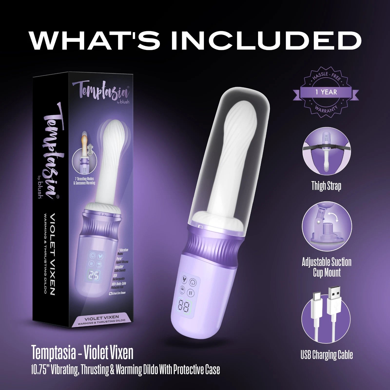 Temptasia Violet Vixen Rechargeable Thrusting Silicone Dildo with Mount