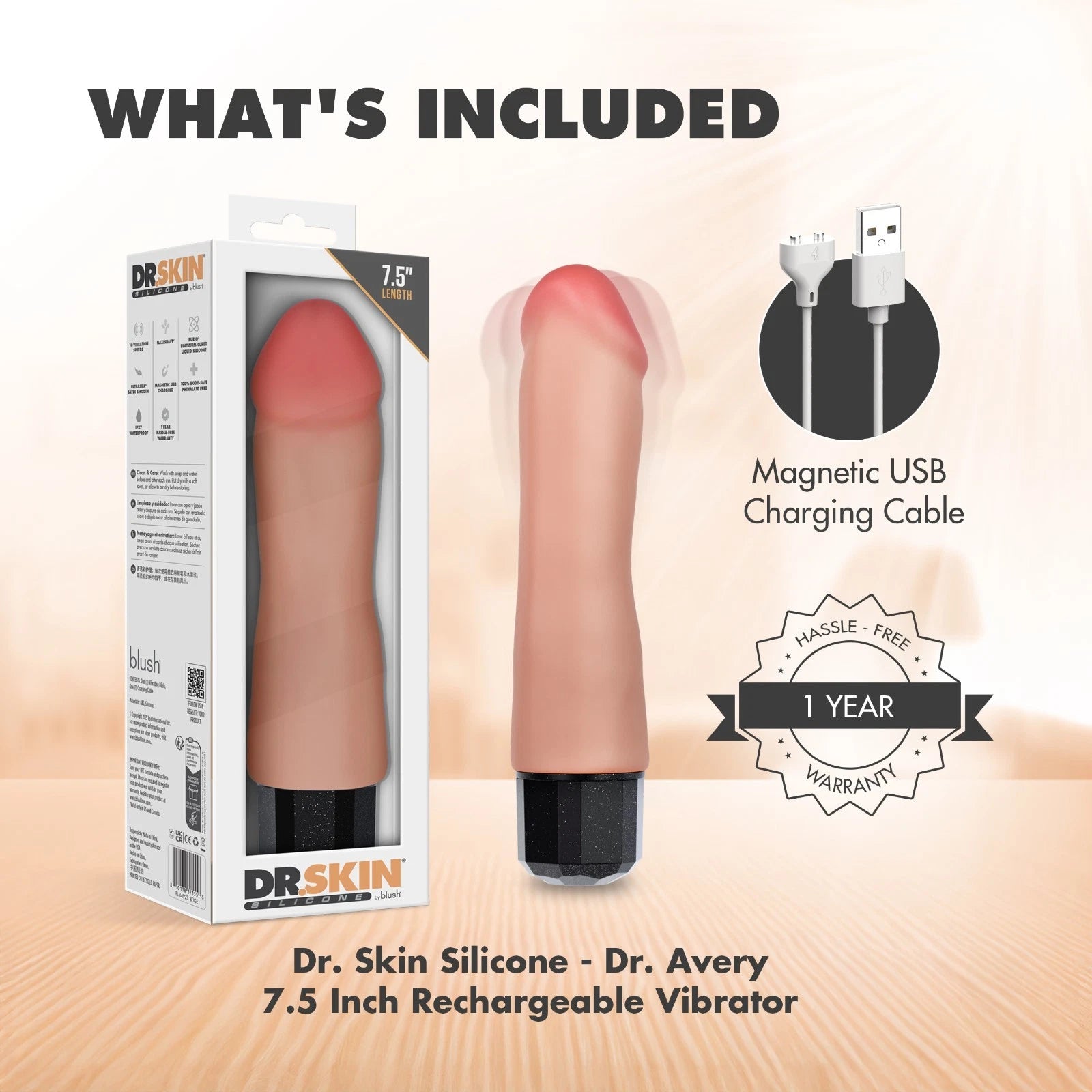 Dr. Skin Dr. Avery Vibrating Silicone Dildo 7.5” – Rechargeable Flexible Wand