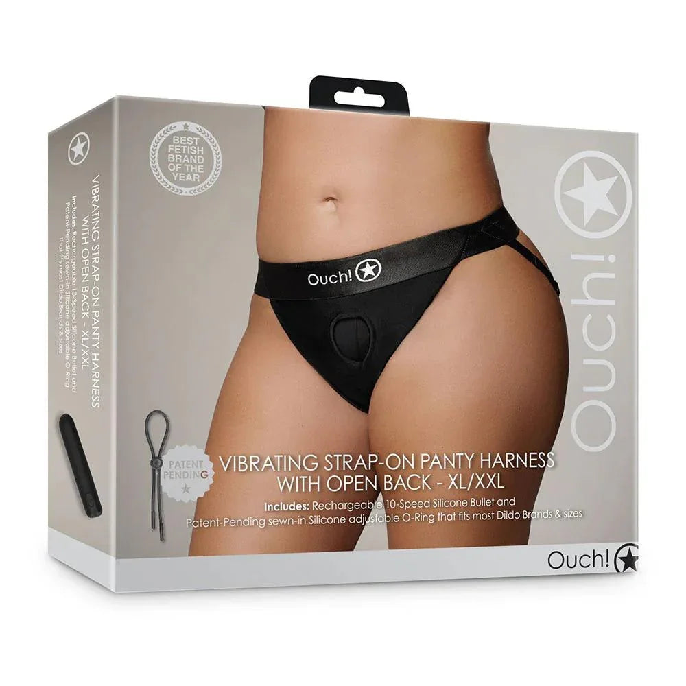 Shots Ouch! Vibrating Strap-on Panty Harness with Open Back Black Shots Ouch! Vibrating Strap-on Panty Harness with Open Back Black