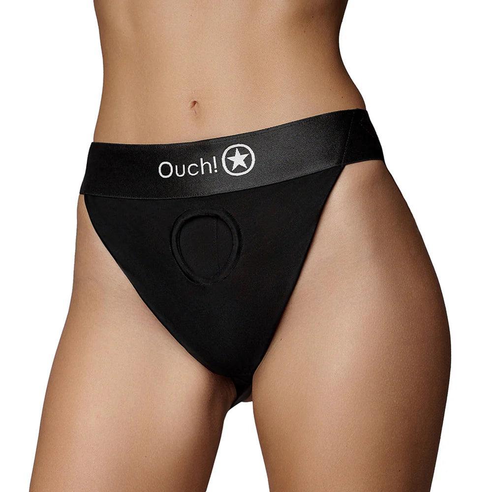 Shots Ouch! Vibrating Strap-on Panty Harness with Open Back Black Shots Ouch! Vibrating Strap-on Panty Harness with Open Back Black