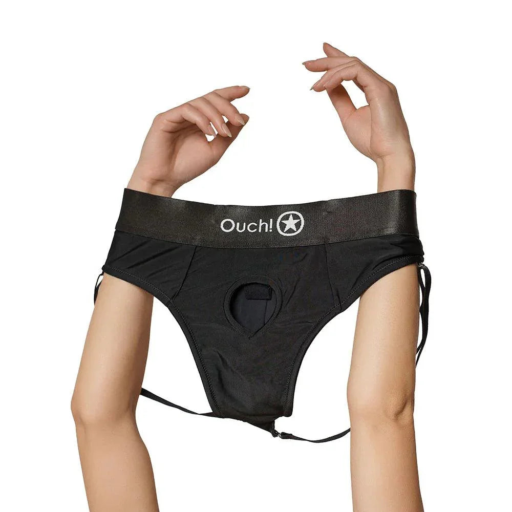 Shots Ouch! Vibrating Strap-on Panty Harness with Open Back Black Shots Ouch! Vibrating Strap-on Panty Harness with Open Back Black