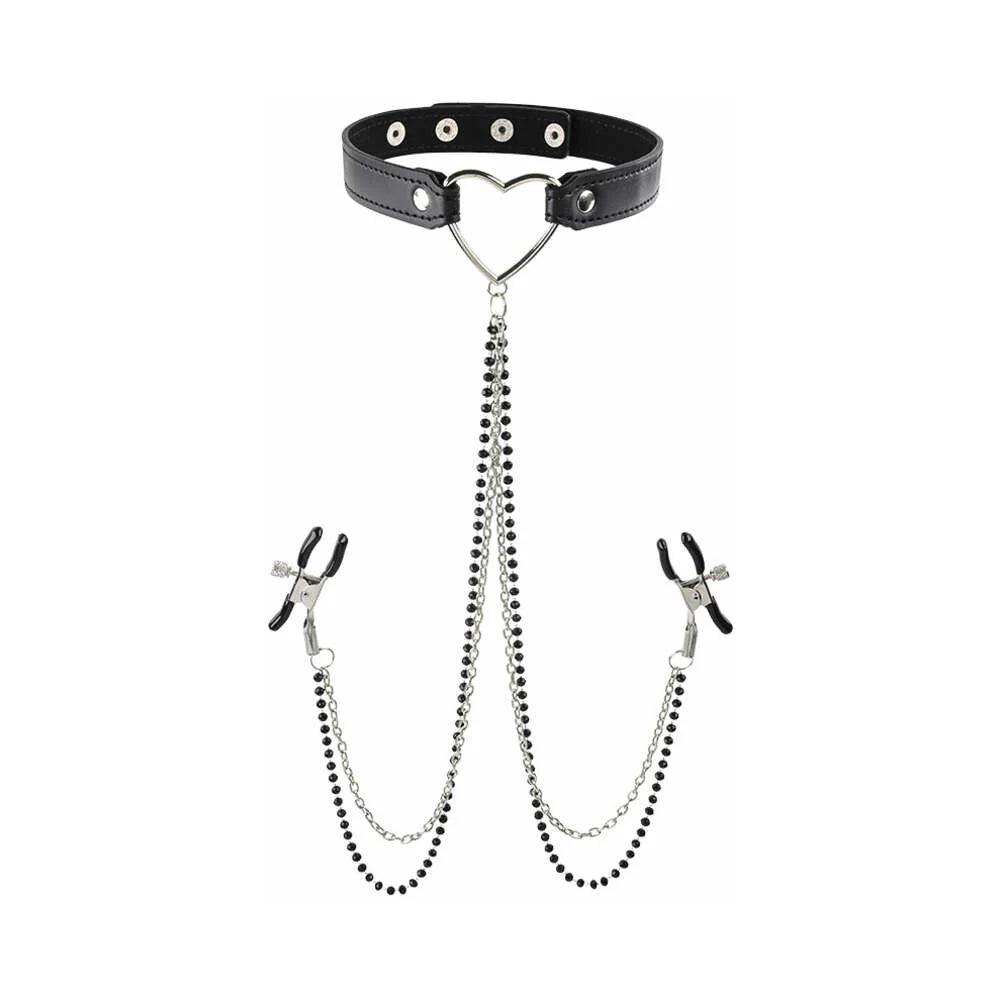 Sportsheets Sex & Mischief Amor Adjustable Collar with Nipple Clamps - Buy At Luxury Toy X - Free 3-Day Shipping