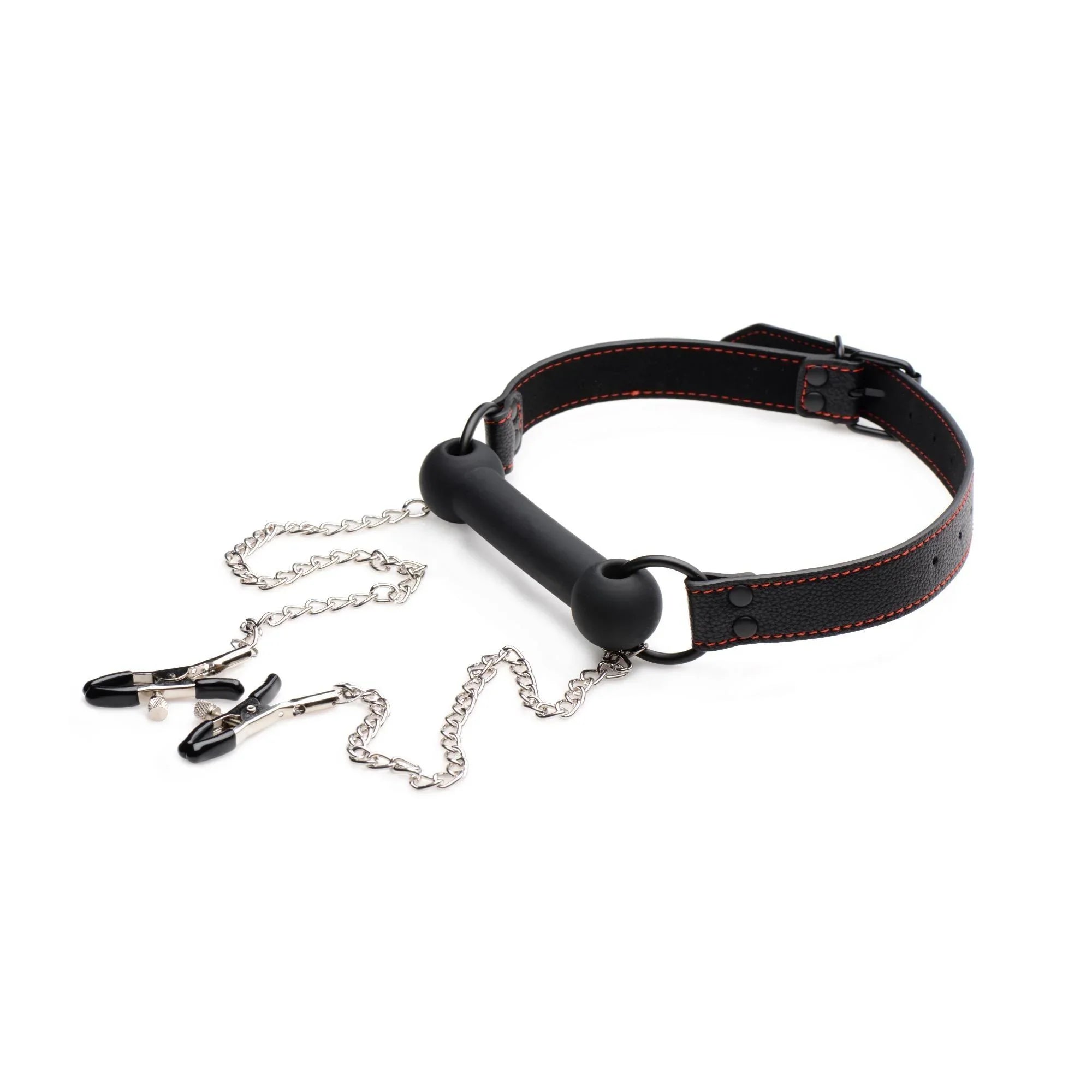 STRICT Black Silicone Bit Gag with Nipple Clamps - Buy At Luxury Toy X - Free 3-Day Shipping