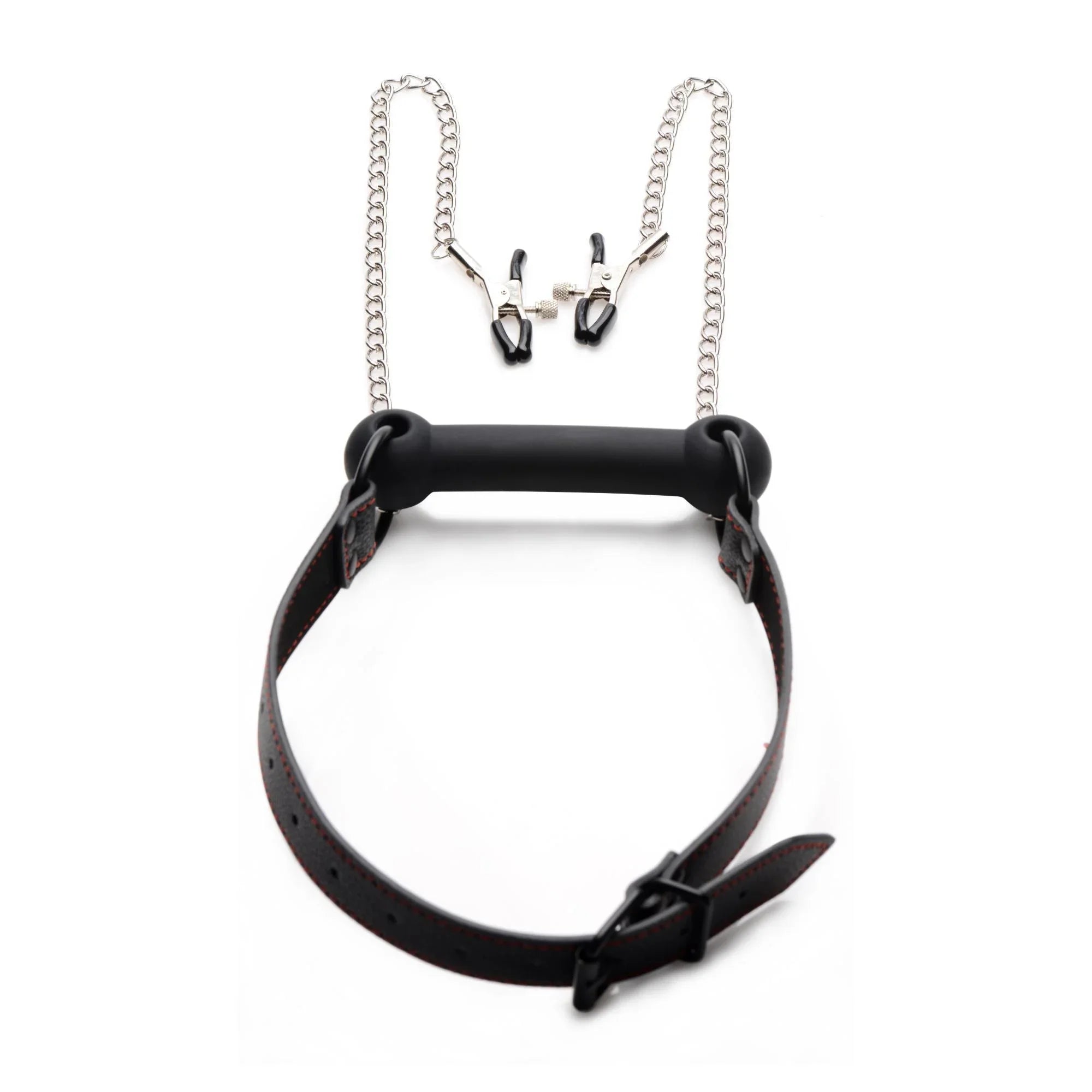 STRICT Black Silicone Bit Gag with Nipple Clamps - Buy At Luxury Toy X - Free 3-Day Shipping