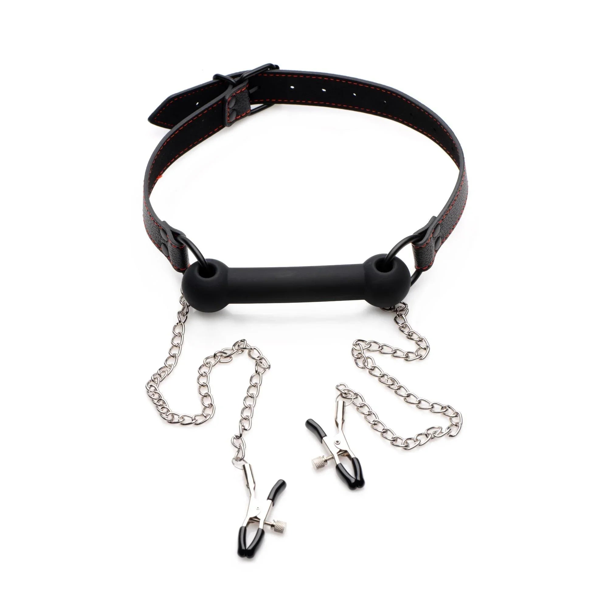 STRICT Black Silicone Bit Gag with Nipple Clamps - Buy At Luxury Toy X - Free 3-Day Shipping