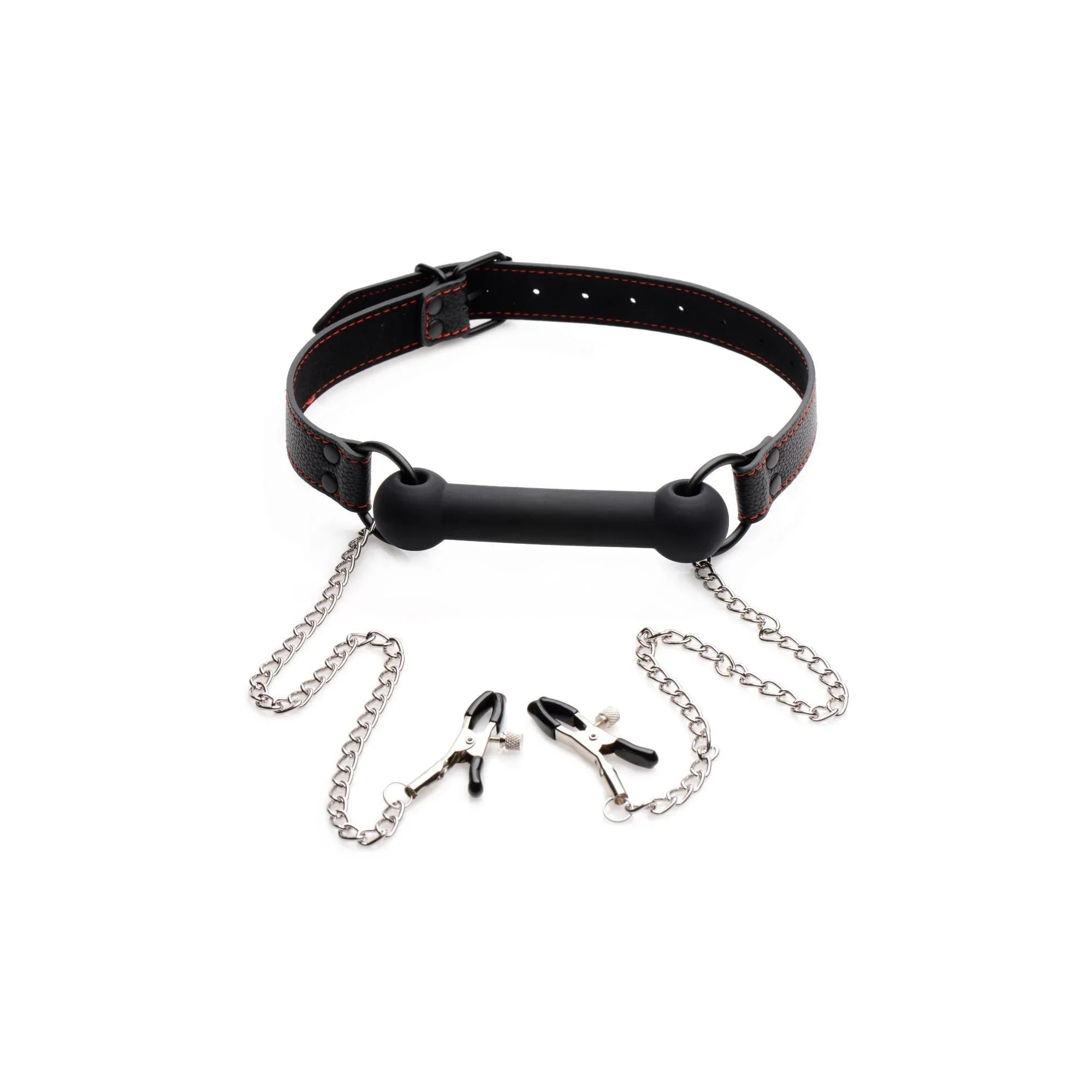 STRICT Black Silicone Bit Gag with Nipple Clamps - Buy At Luxury Toy X - Free 3-Day Shipping