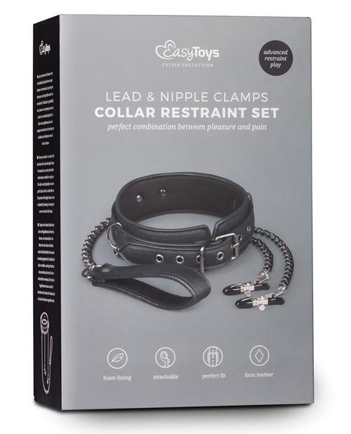 Easy Toys Faux Leather Collar W-nipple Chains - Black - Buy At Luxury Toy X - Free 3-Day Shipping