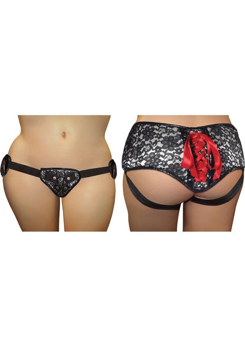 Sportsheets Plus Size Slate Lace Corsette Adjustable Strap-On Harness Grey/Black - Buy At Luxury Toy X - Free 3-Day Shipping